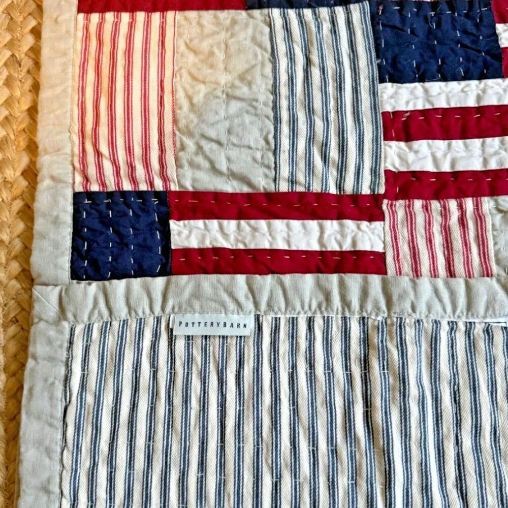 Pottery Barn Quilted Table Runner U.S. Flag 93 x 18 Red White & Blue Reversible